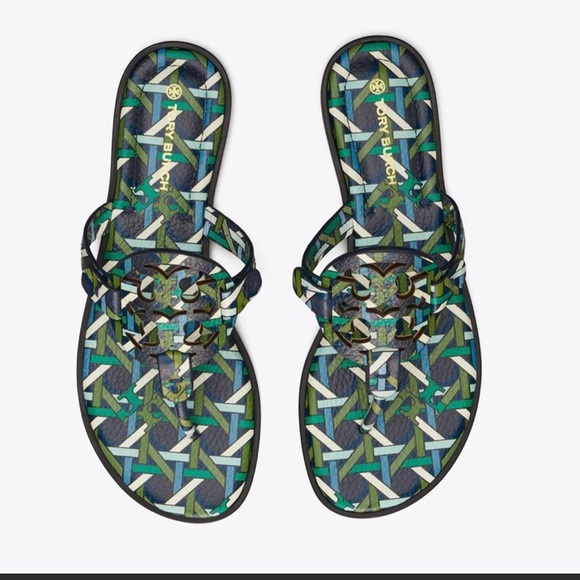 Tory Burch Millers Sandals Navy Basket -Weave Logo Green  7 🩴💚🤍 - Picture 2 of 12